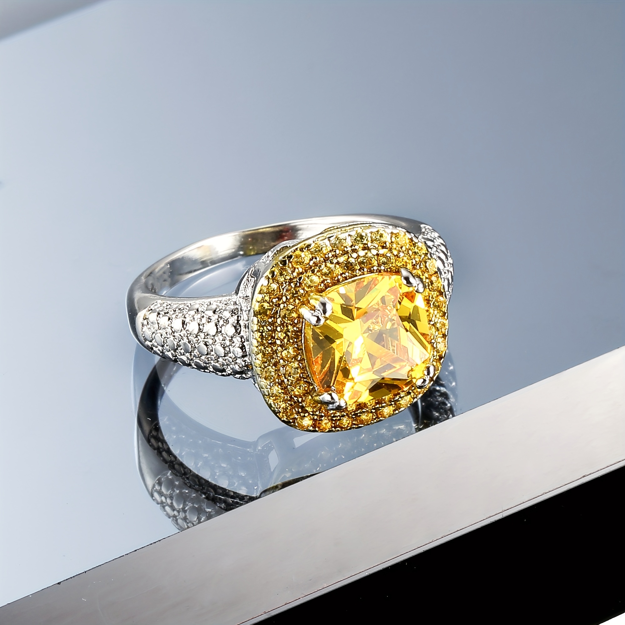 Prosperity Yellow Synthetic Square Cubic Zirconia Ring, Unisex